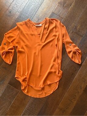 Lush Roll Sleeve Tunic Top Burnt Texas Orange Pocket Flowy Medium
